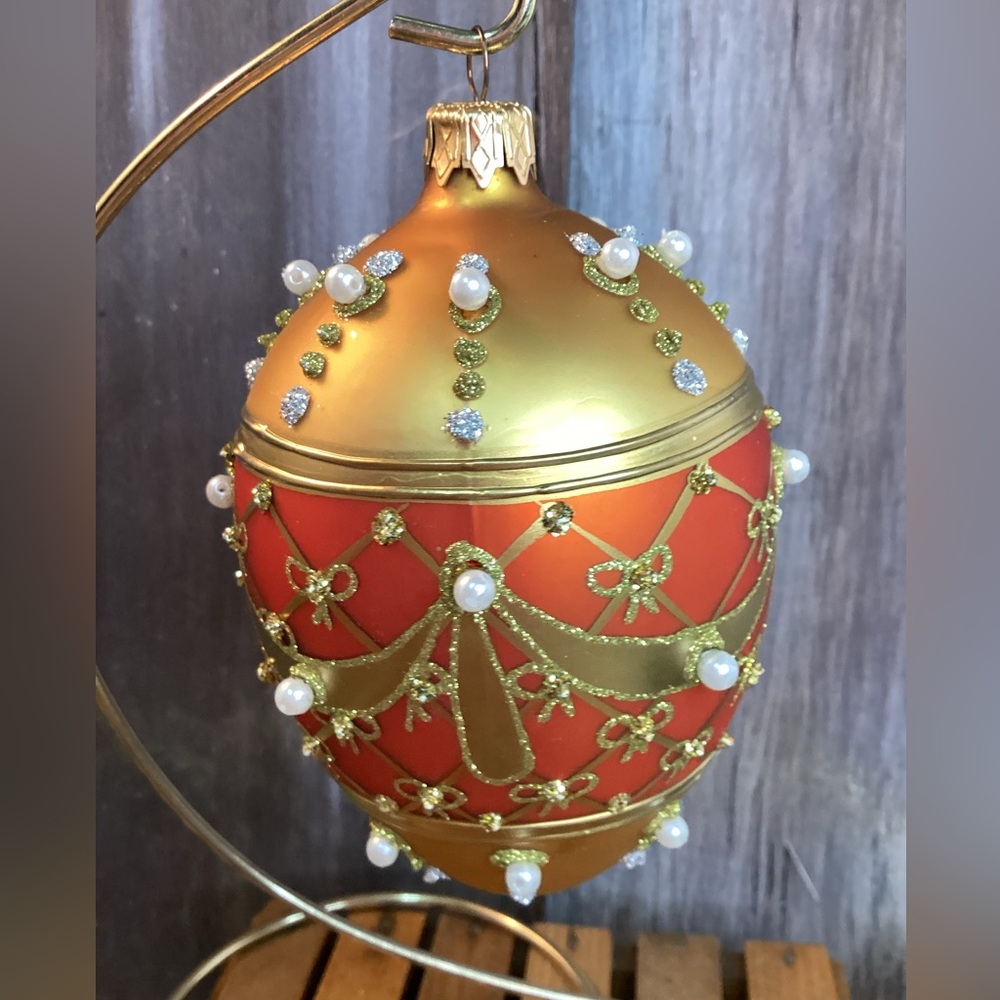 The Museum Company Festive Gold and Red Ornamental Egg with Pearl Details